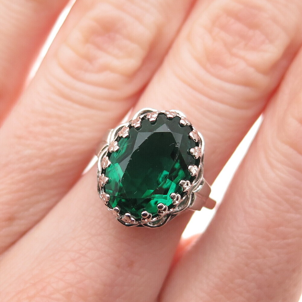 Diadema Sterling Silver Antique Art Deco Oval-Cut Green Glass Crown Ring Size 6